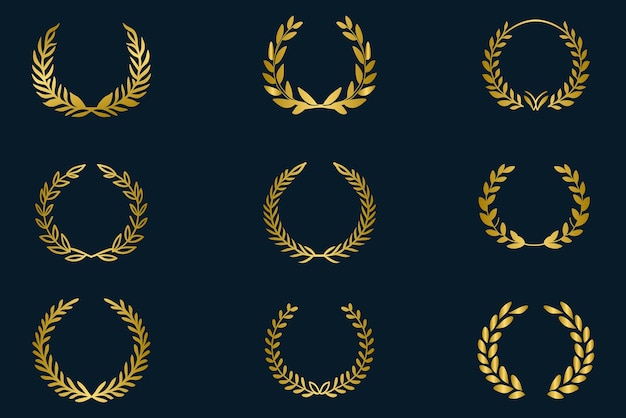 set of golden laurel wreath collection of gold wreaths and branches with leaves