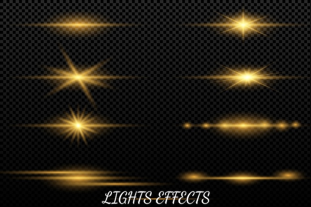 Vector set of golden light effects.