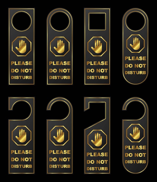 Vector set golden premium luxury door hanger do not disturb tags hotel room signage labels hand prohibition