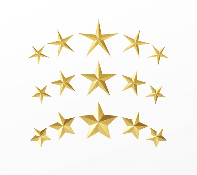 Set of golden realistic stars with different rays isolated on a white background.