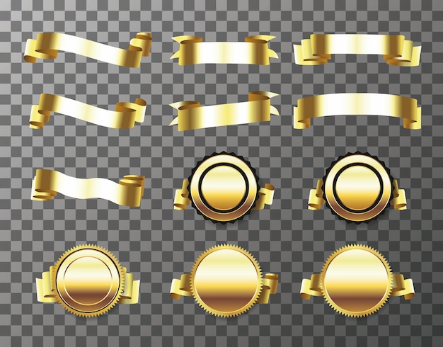 set of golden seal with ribbons isolated on transparent background