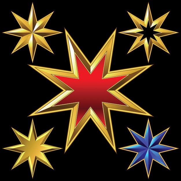 Set of golden shiny eight-pointed stars