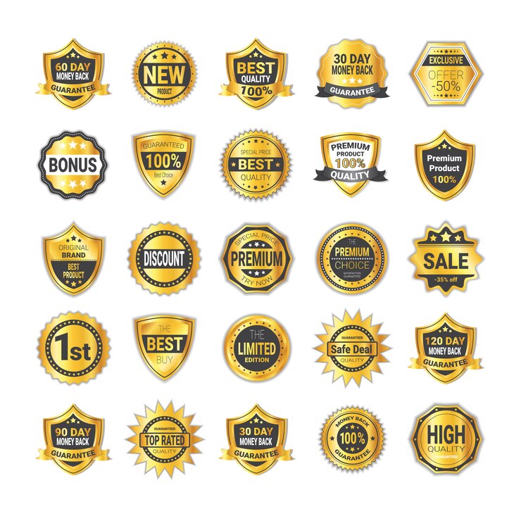 Vector set of golden shopping badge sale or high quality shields collection isolated