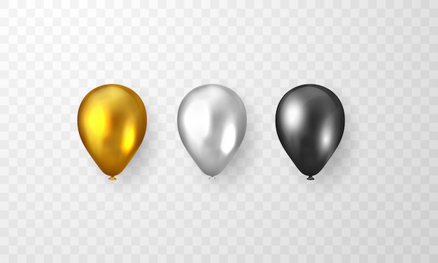 Set of golden, silver and black balloons isolated