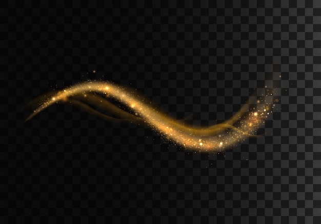 Set of golden sparkling light trails on blue background. Futuristic Wave Flash. Glowing shiny spiral lines effect. The yellow sparks and golden stars shine. Magical dust particles. 