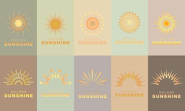 Set of golden sun and sun rays Icons on pastel color background