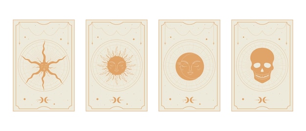 Vector set of golden tarot cards with magical sun moon star and death symbols