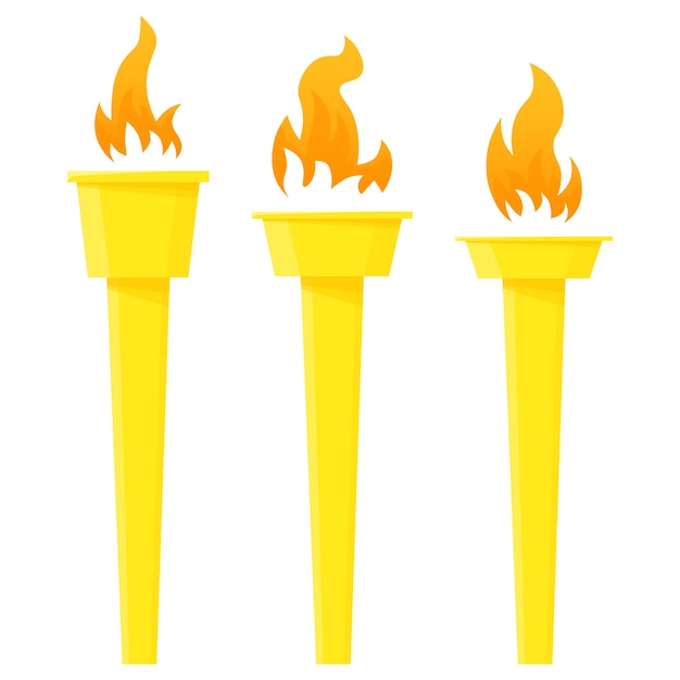 Vector set of golden torches with fire