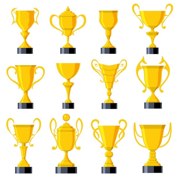 Set of golden trophy vector cup champion sport award icons colored flat illustration