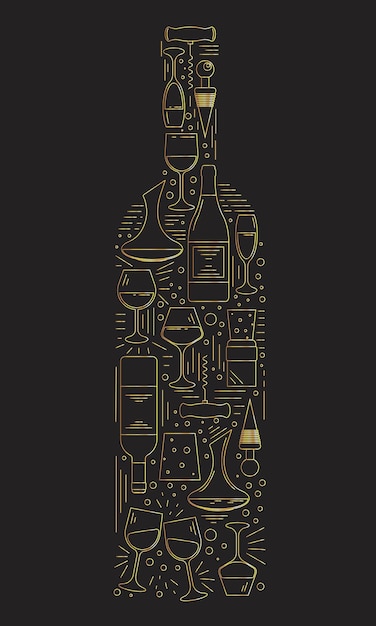 Set of golden wine objects in a shape of a wine bottle gradient wine bottle collection of elements