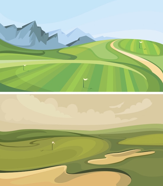 Set of golf courses. sport fields in cartoon style.