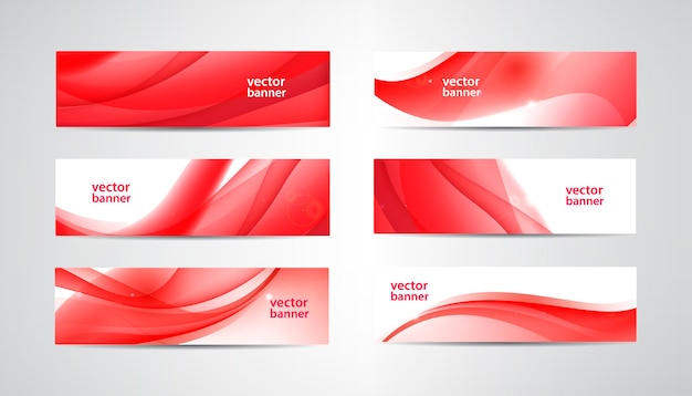 Set golvende banners, rode webheaders. zijde levendige abstracte achtergrond, horizontale oriëntatie.