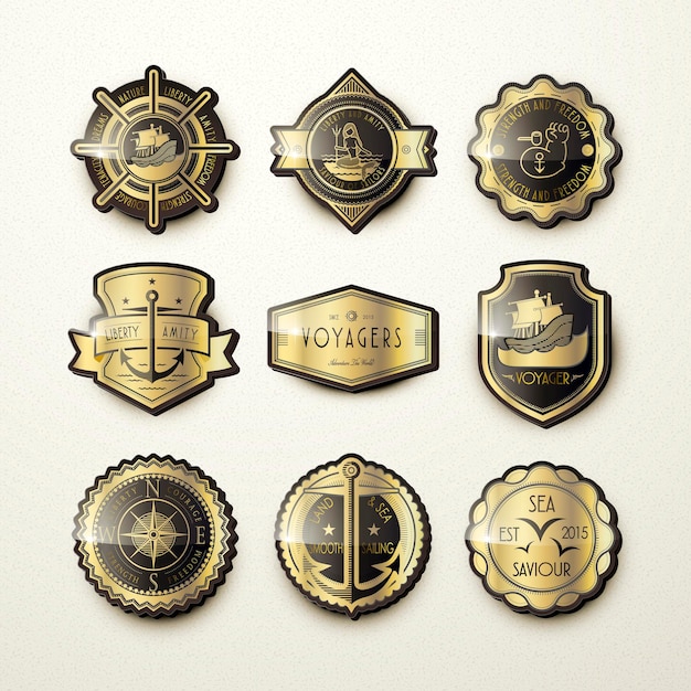 Set of gorgeous golden marine emblems isolated on beige background