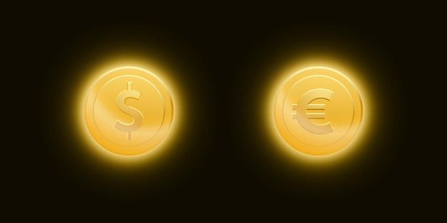 Vector set gouden dollar- en euromunten met een heldere gloed op een donkere achtergrond vectorillustratie