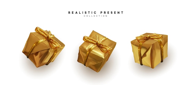 Set gouden geschenkdozen vierkante vormen. Realistisch 3D-ontwerp van verrassingsdozen, cadeaus. Vector illustratie