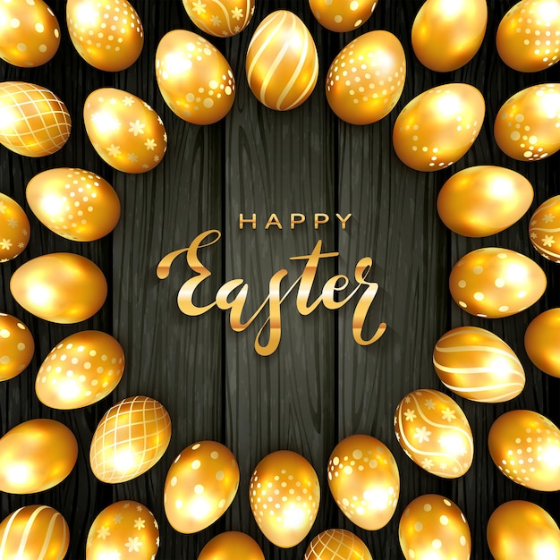 Set gouden paaseieren met patroon op zwarte houten achtergrond. Luxe belettering Happy Easter, illustratie.