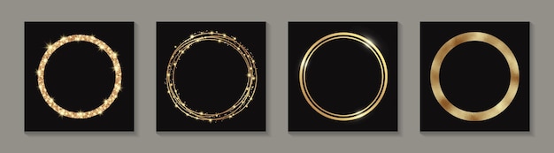 Vector set gouden ronde frames met glitter geïsoleerd op een zwarte achtergrond