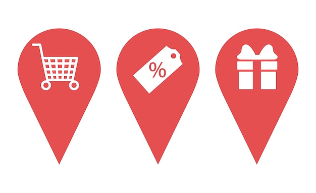 Set of GPS icons with different signs in doodle style. Location pin markers with shop, supermarket