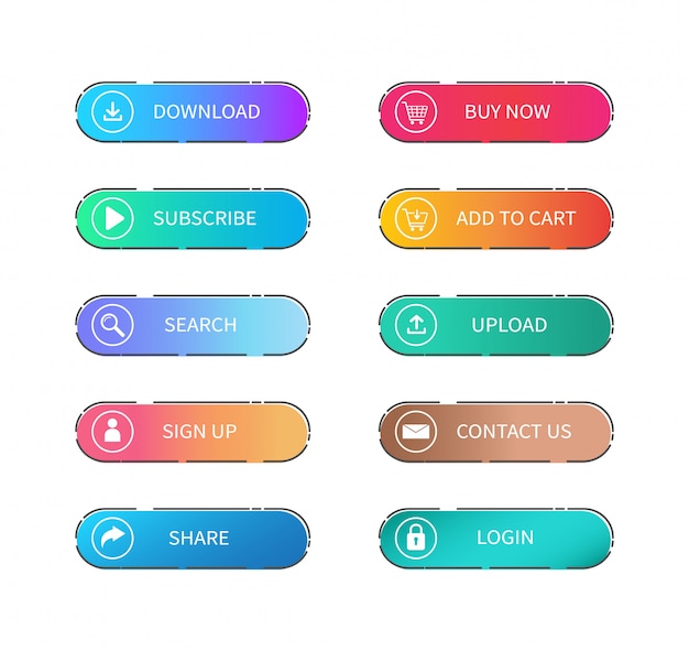 Vector set of the gradient colorful flat web buttons.