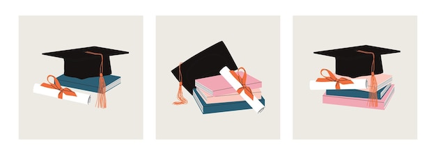 Set di cappello di laurea sulla pila di libri con diploma conoscenza della scuola accademica dell'università di istruzione