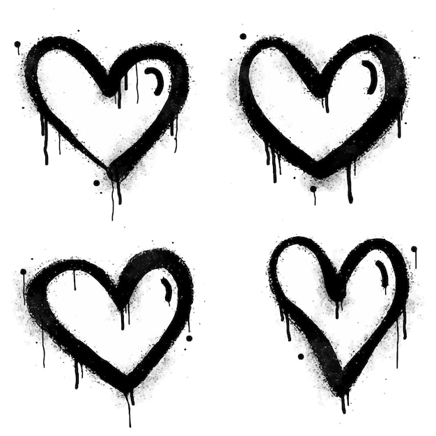 Set of graffiti hearts Signs Spray painted in black on white Love heart drop symbol isolated on white background vector illustration