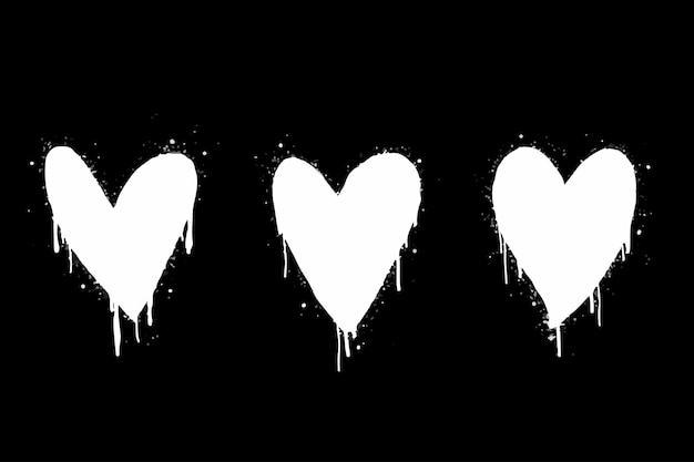 Набор граффити-сердец Знаки Спрей окрашены в белый цвет на черном Символ капли сердца любви изолирован на белом фоне векторной иллюстрации