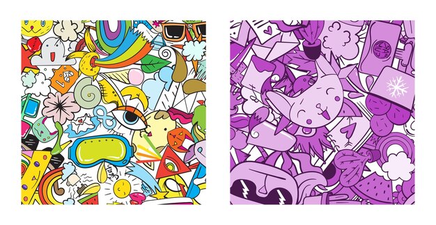 Set di motivi graffiti con icone della linea di stile di vita urbano sfondo vettoriale astratto di doodle pazzo collage in stile lineare alla moda con bizzarri elementi di street art