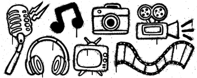 Set graffiti sprayverf Collectie van microfoon muziek camera televisie koptelefoon Isolated Vector