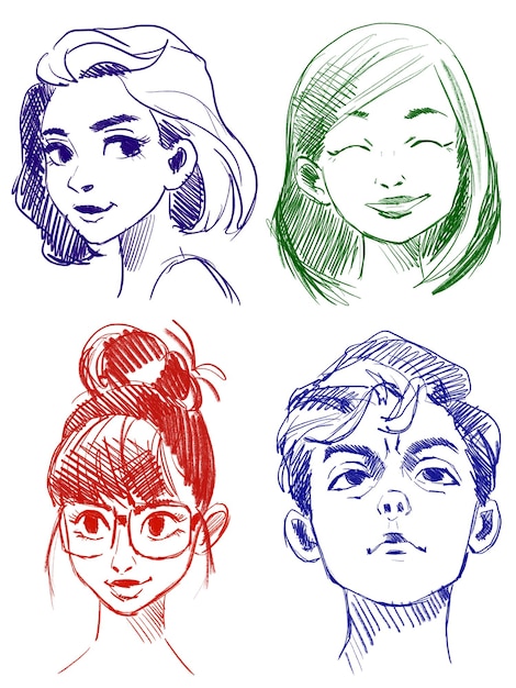 a set of graphic drawings of girls and a guy