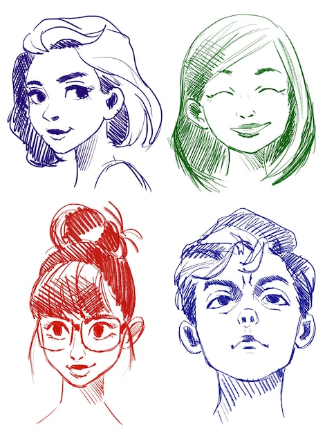 A set of graphic drawings of girls and a guy