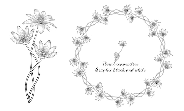 흑백의 섬세한 꽃이 있는 그래픽 꽃 구성 세트