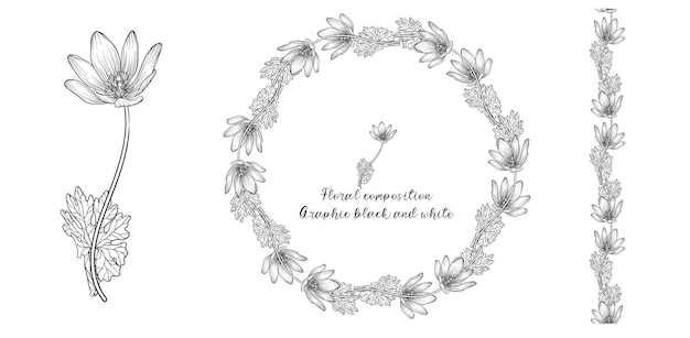 흑백의 섬세한 꽃이 있는 그래픽 꽃 구성 세트