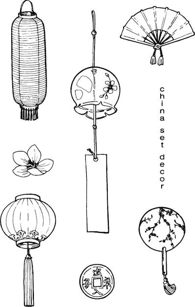 Vector set of graphic images of chinese lanterns and fans in the style of a sketch black and white