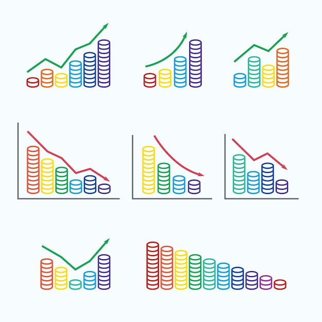 ベクトル グラフと色付きコインスタックのスタックを設定します。ベクトルイラスト
