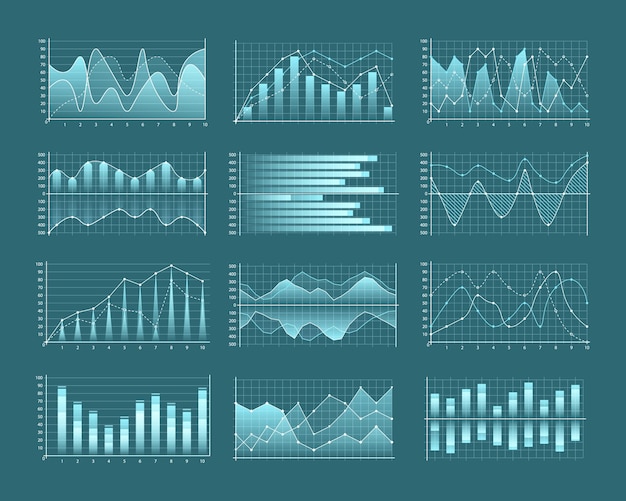 Vector set of graphs and charts infographic icons including clustered column stacked bar line marked