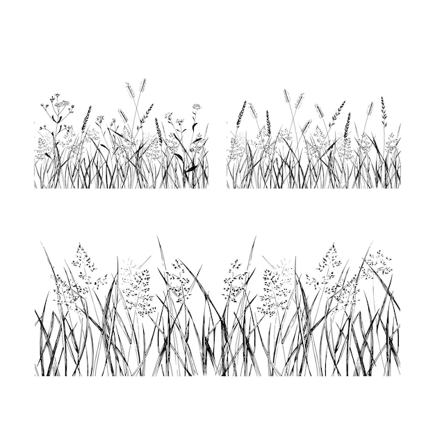 Vector set of grass strip. seamless pattern hand drawn black ink. vector illustration.