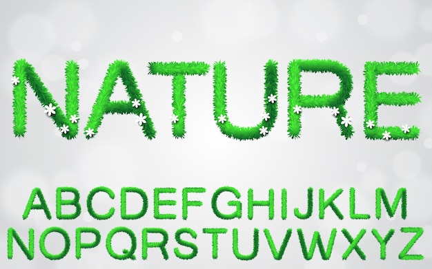 Vector set of grass textured isolated font on white background.