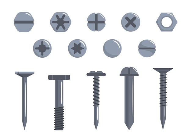 Set of gray screws in cartoon style vector illustration of iron construction screws with different threads and heads on white background metal products