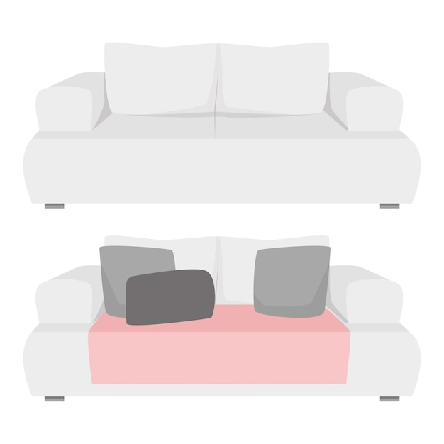 Vector set of gray sofas empty and with pillows and blanket