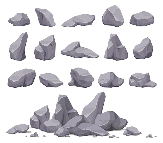 Vettore set di pietre grigie di diversi tipi illustrazione vettoriale su sfondo bianco