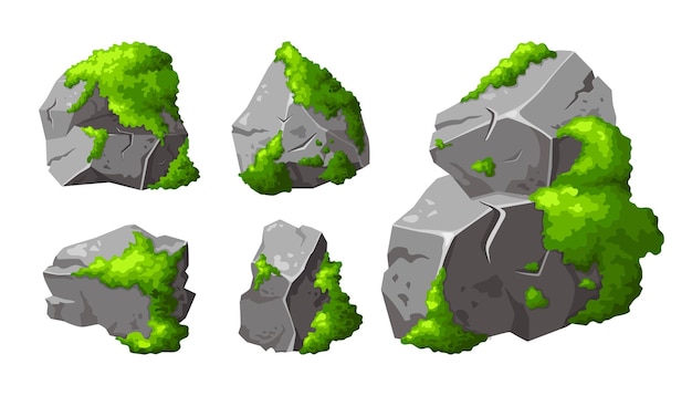 Vector set gray stones with green moss element of forest nature montain rock boulder game sign for design vector illustration isolated on white background