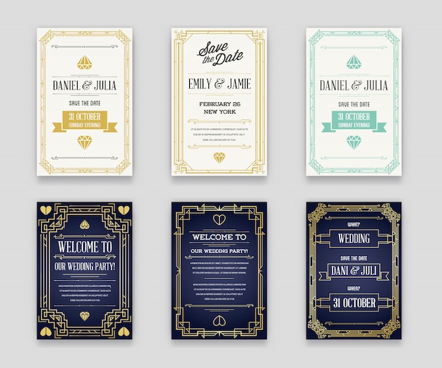 Set of Great Quality Style Invitation in Art Deco or Nouveau Epoch 1920's Gangster Era Collection Vector