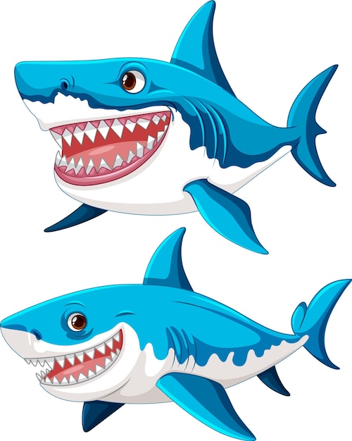 A set of great white sharks with big teeth smiling and swimming