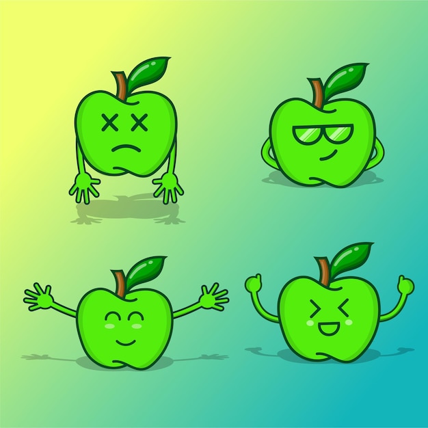 Set of green apple character illustration isolated vector cute expression. emoticon red apple funny