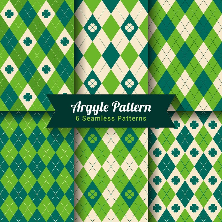 Set of green argyle shamrock seamless patterns design
