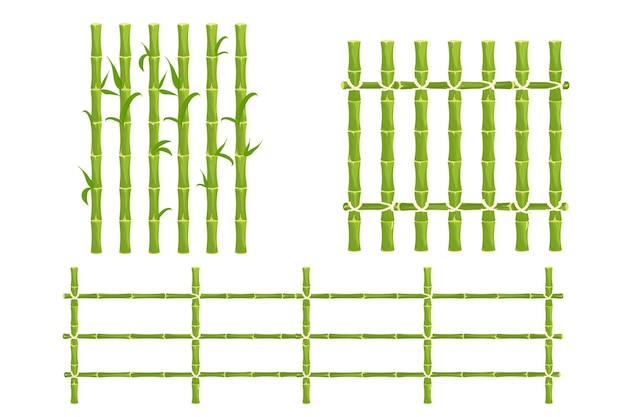 Set green bamboo fence with rope picket from sticks nature wall in cartoon style