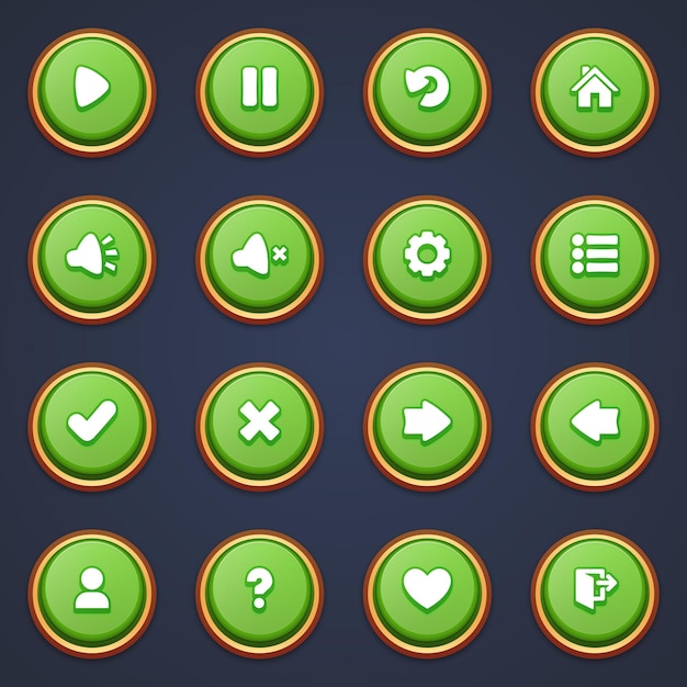 Vector set of green buttons for mobile games game interface cartoon ui buttons set game ui buttons kit