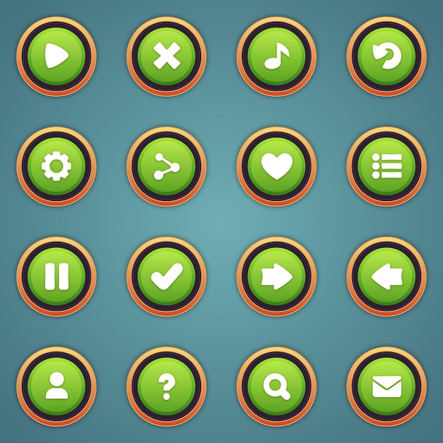Vettore set di pulsanti verdi per giochi mobili interfaccia di gioco cartone animato ui pulsanti set di gioco ui pulsanti kit