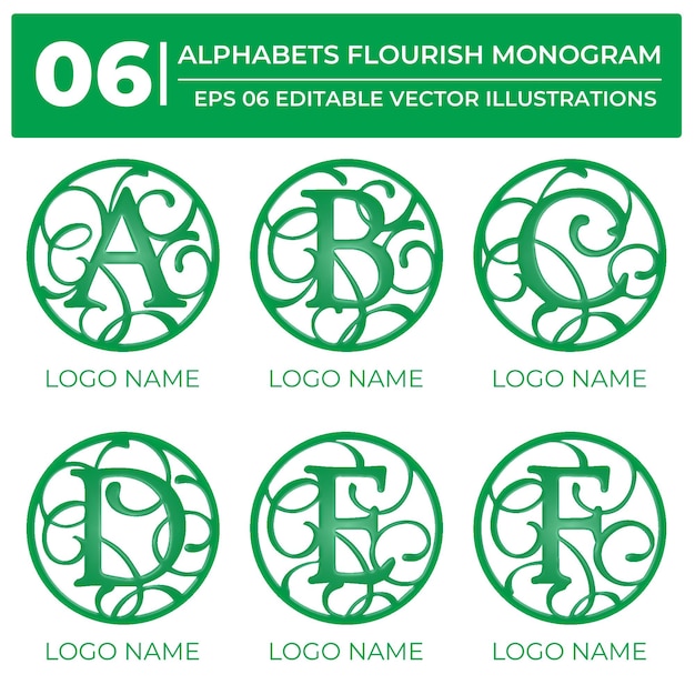 Vector a set of green circles with the letters alphabets flourish monograms