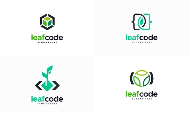 Set of green code leaf logo design. programming code logo template. eco tech logo template design vector